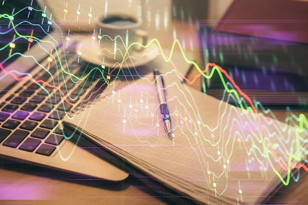 Double exposure of forex chart drawing and desktop with coffee and items on table background. Concept of financial market trading — Stock Photo, Image