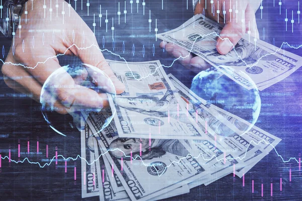 Multi exponering av finansiella diagram rita hologram och USA dollar räkningar och manshänder. Analyskoncept. — Stockfoto