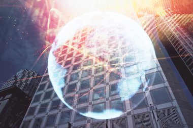 İş temalı hologram çizimine ve şehrin arka planına çifte maruz kalma. Başarı kavramı.