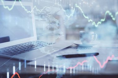 Bilgisayar geçmişi olan eski grafik hologramı. Çifte maruziyet. Finans piyasası kavramı.