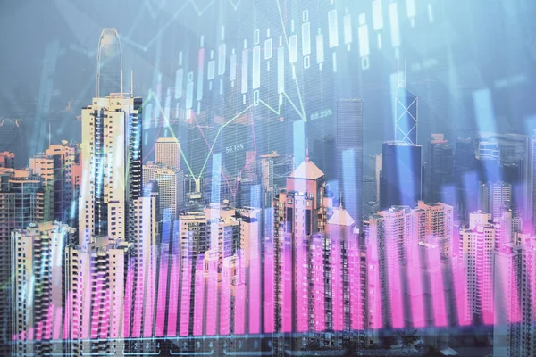 Gráfico de divisas en paisaje urbano con rascacielos fondo de pantalla doble exposición. Concepto de investigación financiera . — Foto de Stock