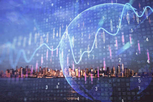 Forex diagram på stadsbilden med skyskrapor tapeter dubbel exponering. Finansiell forskning. — Stockfoto