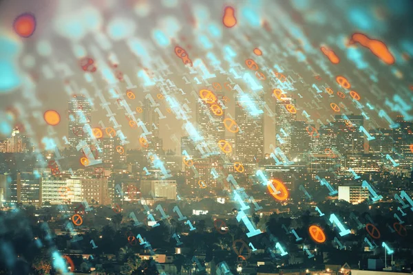 Голограма теми даних, що малює на перегляді міста з багатофункціональним фоном хмарочосів. концепція Ай . — стокове фото