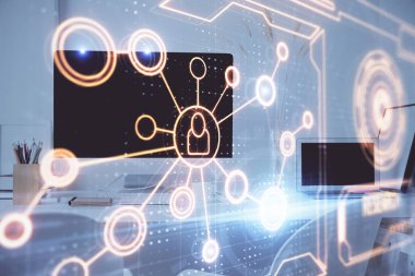 Sosyal ağ hologramıyla birlikte bilgisayar masaüstünde. Çifte maruziyet. Uluslararası insan ilişkileri kavramı.