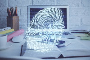 Ofisteki bilgisayarın parmak izi çizimi. Çifte maruziyet. İş veri güvenliği kavramı.
