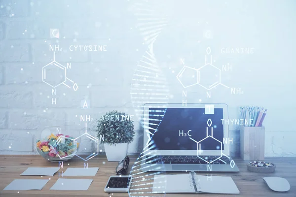 데스크톱 컴퓨터 배경과 DNA 그 리기입니다. 두 번 노출. 과학 개념. — 스톡 사진