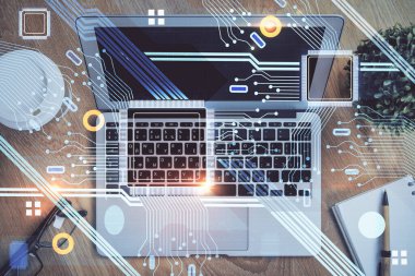 Bilgisayar ve teknoloji temalı çizimlere çifte maruz kalma. Yenilik kavramı.