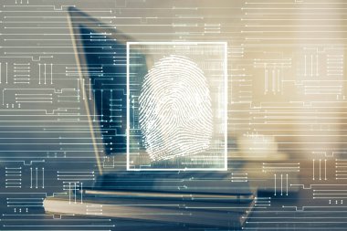 Ofisteki bilgisayarın parmak izi çizimi. Çifte maruziyet. İş veri güvenliği kavramı.