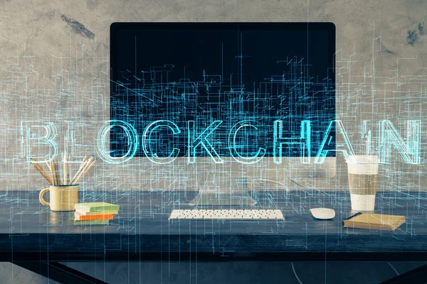 Wielokrotna ekspozycja hologramu tematycznego blockchain i tabeli z tłem komputera. Koncepcja waluty kryptowaluta bitcoin. — Zdjęcie stockowe