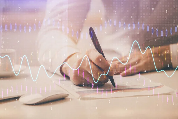 Financial trading chart multi exposure with man desktop background.