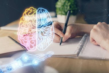 Arka planda beyin hologramıyla el yazısına çok maruz kalmış. Kendi kendine öğrenme kavramı.