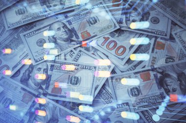 İki kez veri temasına maruz kalınca dolar banknotları arka planda kalıyor. Teknoloji konsepti.