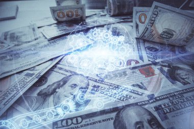 İki kez veri temasına maruz kalınca dolar banknotları arka planda kalıyor. Teknoloji konsepti.