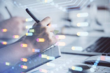 Veri temalı çizimin arka plan yazan insanların üzerine çifte pozlanması. Teknoloji kavramı