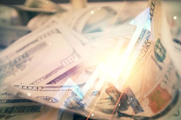 Double exposure of grow arrows drawing over usa dollars bill background. Concept of success. — Stockfoto