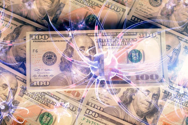Двойное воздействие нейронного рисунка на фоне банкнот в долларах США. Концепция исследования медицинского образования . — стоковое фото