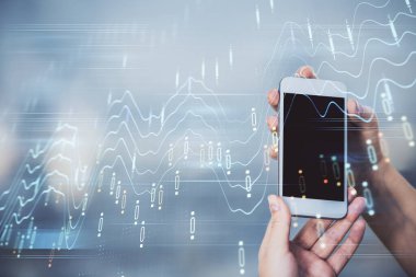 Ön x grafik çizimine çift pozlama hologram ve cep telefonu kullanan bir kadın. Borsa konsepti.