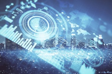 İş temalı hologram çizimine ve şehrin arka planına çifte maruz kalma. Başarı kavramı.