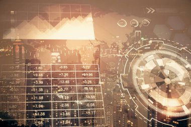 Cityscape arka plan üzerinde forex grafik çizimleri çift pozlama. Başarı kavramı.