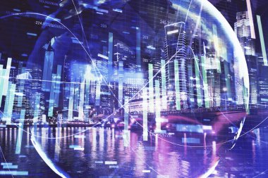 İş temalı hologram çizimine ve şehrin arka planına çifte maruz kalma. Başarı kavramı.