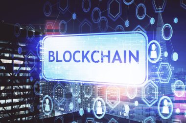 Kripto para birimi temalı hologram çizimine ve şehrin arka planına çoklu maruz kalma. Engelleme zinciri ve bitcoin kavramı.