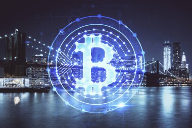 Kripto para birimi temalı hologram çizimine ve şehrin arka planına çoklu maruz kalma. Engelleme zinciri ve bitcoin kavramı.