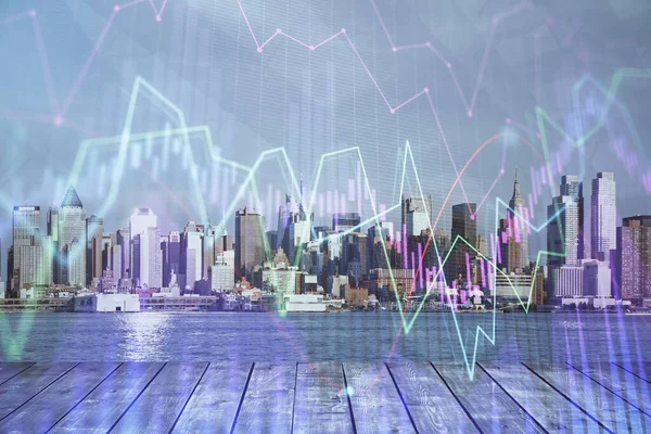 Forex-Graph auf Stadtansicht mit Wolkenkratzern Hintergrund Multi-Exposure. Finanzanalysekonzept. — Stockfoto