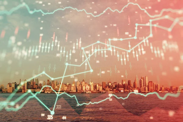 Devisendiagramm auf Stadtbild mit Wolkenkratzern Tapete Doppelbelichtung. Finanzielles Forschungskonzept. — Stockfoto