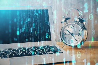 Arka planda bilgisayar ve teknik tema çizimi olan iki kat masaüstü görüntüsü. Büyük veri kavramı.