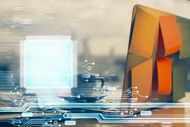 Dizüstü bilgisayar ve teknoloji temalı holograma çifte maruz kalma. Serbest çalışma kavramı.