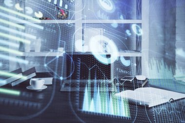 Teknoloji temalı çizim ve bilgisayarla çalışma alanı. Çoklu maruz kalma. Yenilik kavramı.