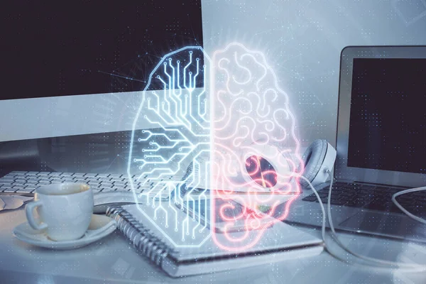 Doble exposición de la mesa con la computadora y el holograma cerebral. Concepto de innovación . —  Fotos de Stock