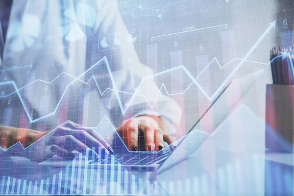 Double exposure of woman hands typing on computer and forex chart hologram drawing. Stock market invest concept. — Stock Photo, Image