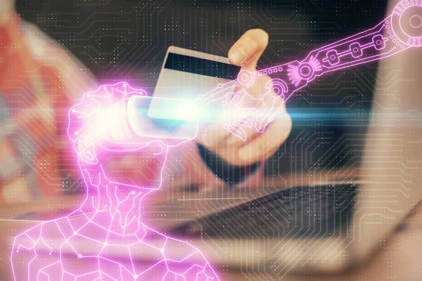 Dupla exposição de mãos de homem segurando um cartão de crédito e humano no desenho de óculos vr. Realidade virtual e conceito de E-commerce . — Fotografia de Stock