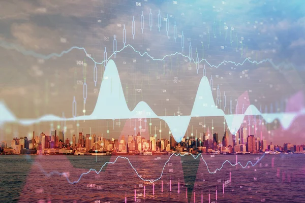 Gráfico de divisas en paisaje urbano con rascacielos fondo de pantalla doble exposición. Concepto de investigación financiera . —  Fotos de Stock