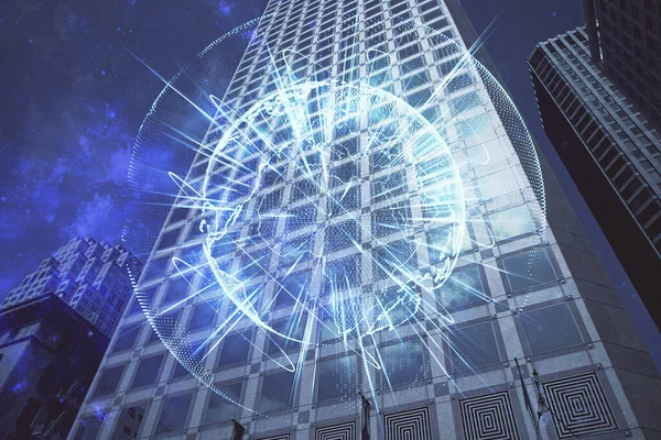 İş temalı hologram çizimine ve şehrin arka planına çifte maruz kalma. Başarı kavramı.