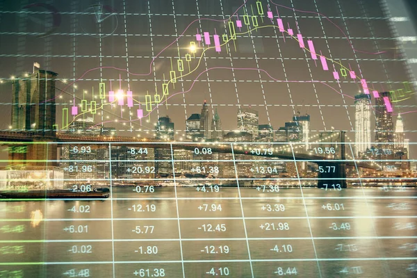 Financial chart on city scape with tall buildings background multi exposure. Analysis concept. — Stock Photo, Image