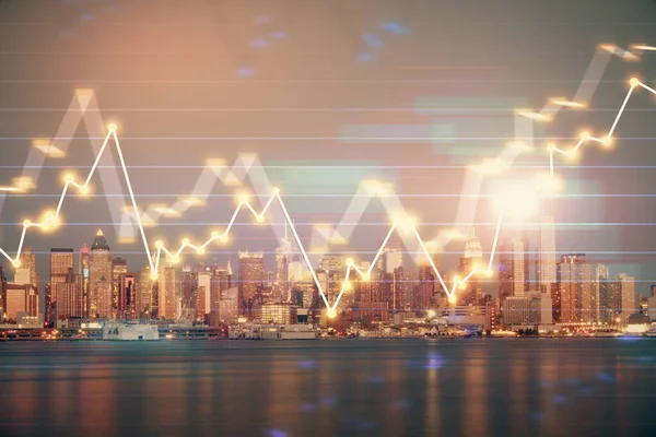 Finanzgrafik über Nacht Stadtbild mit hohen Gebäuden Hintergrund Doppelbelichtung. Analysekonzept. — Stockfoto