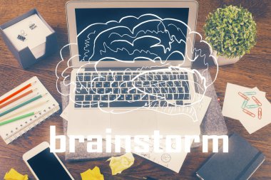 Ofisteki masaüstü bilgisayar arkaplanı ve tema hologram çizimini başlat. Çifte maruziyet. Başlangıç konsepti.