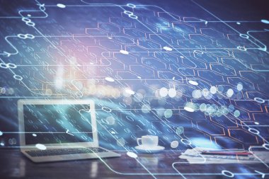 Bilgisayar ve teknoloji temalı çizimlere çifte maruz kalma. Yenilik kavramı.