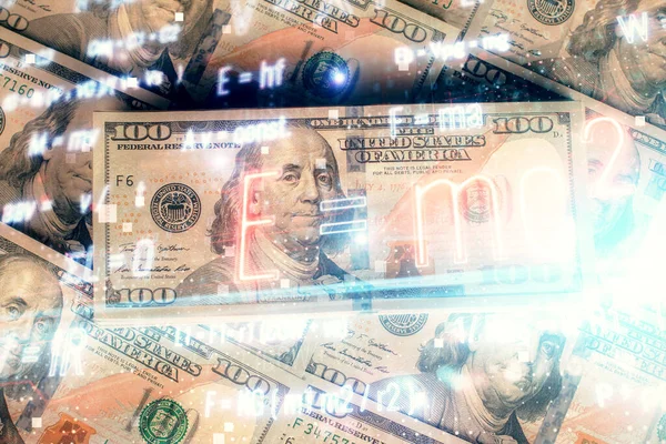 Double exposure of formula drawing over usa dollars bill background. Concept of education. — Stock Photo, Image