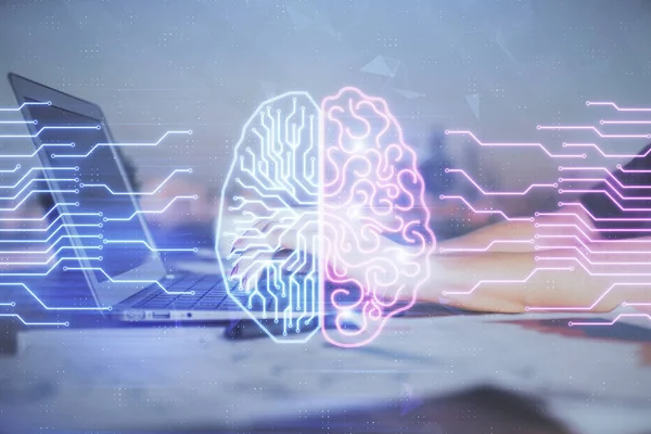 Multi blootstelling van de handen van de vrouw werken aan computer en menselijke hersenen hologram tekening. Ai-tech concept. — Stockfoto
