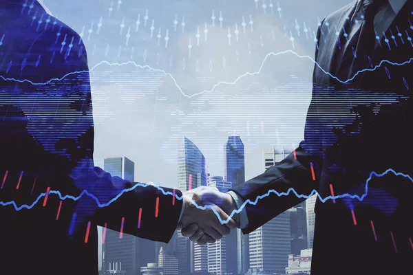 Double exposure of forex graph hologram and handshake of two men. Stock market concept. — Stock Photo, Image