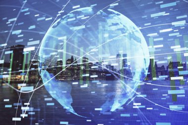 İş temalı hologram çizimine ve şehrin arka planına çifte maruz kalma. Başarı kavramı.