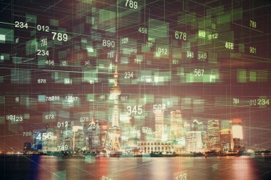 Veri temalı hologram gökdelenler arka planda çoklu pozlama ile şehir görünümüne çizim yapıyor. Ai kavramı.