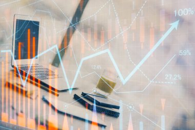 Bilgisayar geçmişi olan eski grafik hologramı. Çoklu maruz kalma. Finans piyasası kavramı.