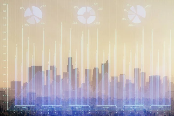 Forex wykres na miejskim krajobrazie z drapaczami chmur tapeta podwójna ekspozycja. Koncepcja badań finansowych. — Zdjęcie stockowe