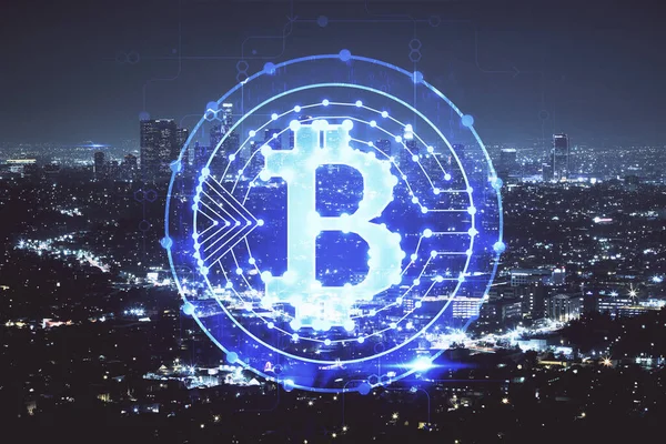 Multi exposure of cryptocurrency theme hologram drawing and city veiw background. Concept of blockchain and bitcoin. — Stock Photo, Image