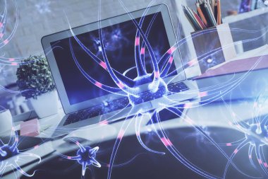 Masaüstü bilgisayar arkaplanı ve nöron çizimi. Çifte maruziyet. Eğitim kavramı.