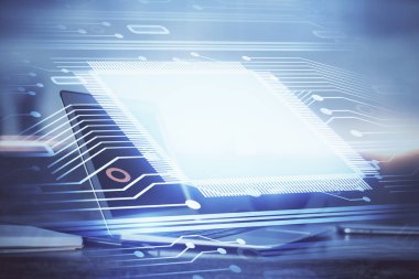 Bilgisayar ve teknoloji temalı holograma çifte maruz kalma. Serbest çalışma kavramı.